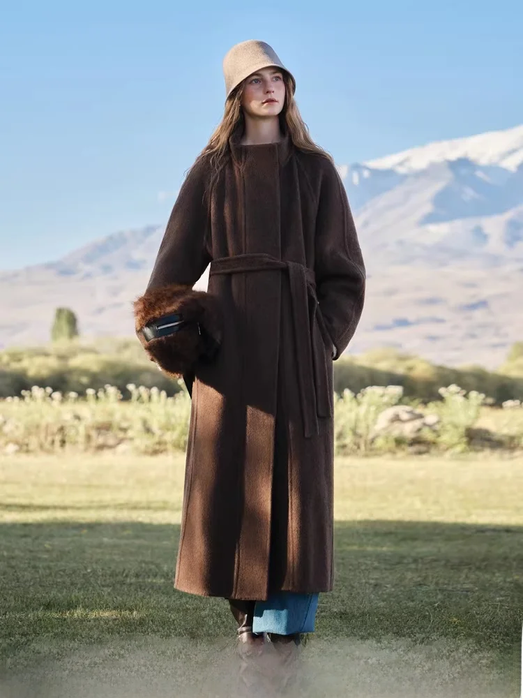 

mat Sle Double-Faced Camere Coat Tibetan Yak Wool Straight-Line Stand Collar Outerwear Winter Faion New Arrival