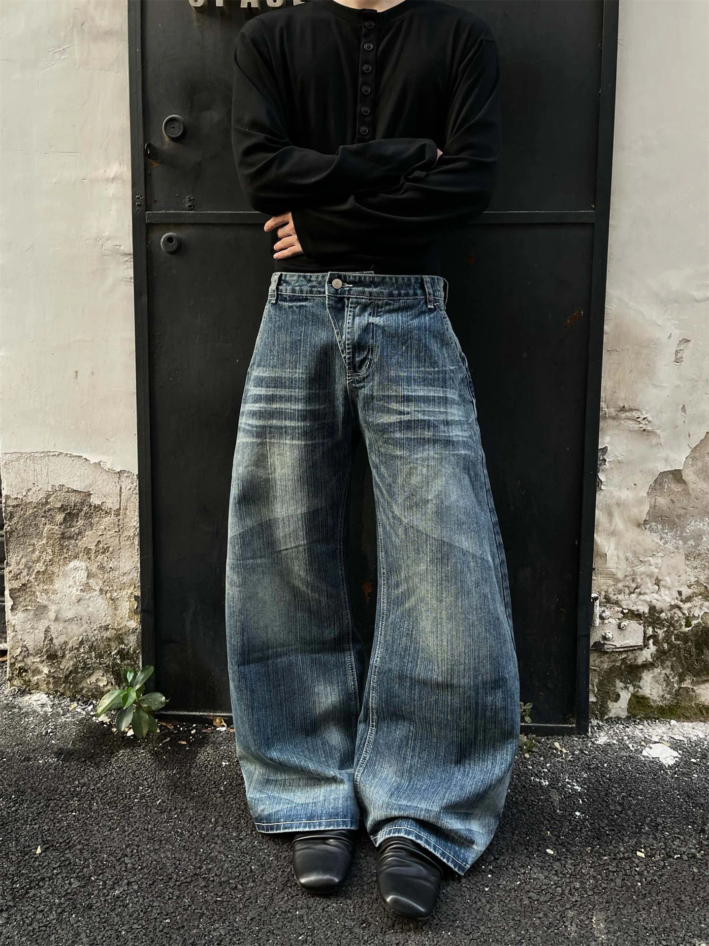 

Retro American Waed Bamboo Patterned Knife Jeans Men Women Casual Wide Leg Straight Cut Long Trousers Youth Denim