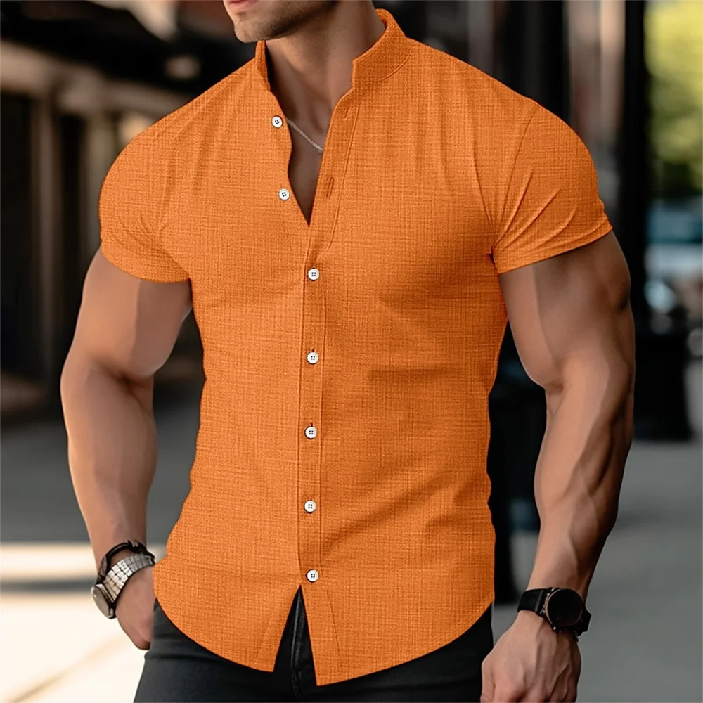 Men\'s stand up collar printed shirt solid color short sleeved button linen shirt Hawaii vacation beach breathable shirt