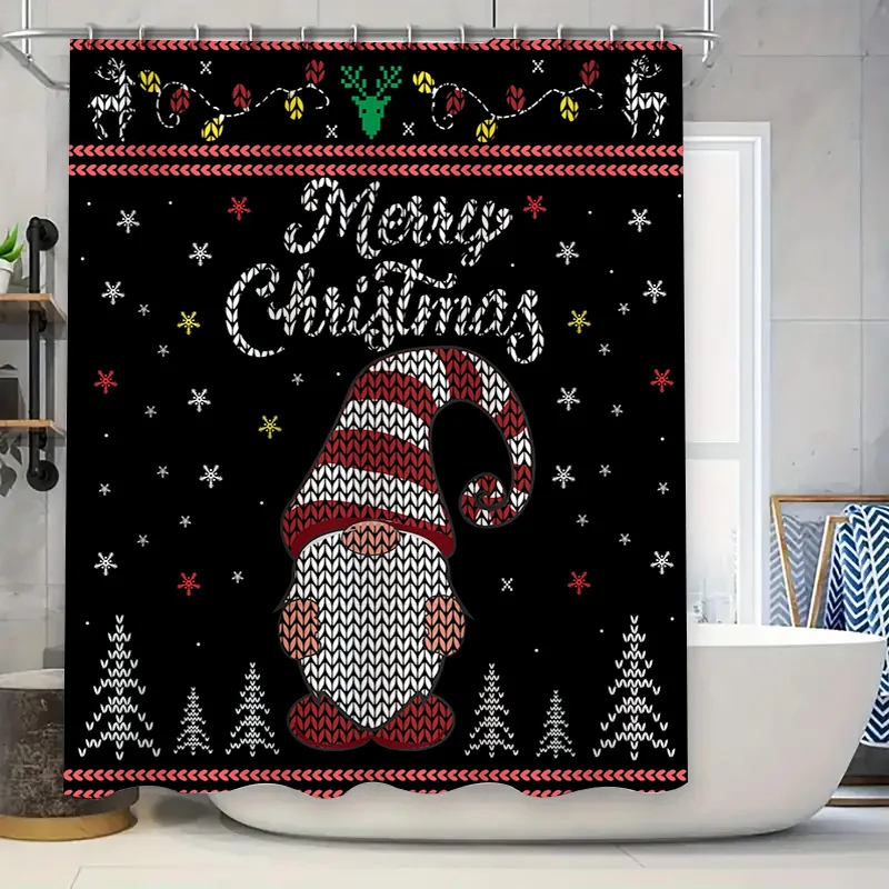 Knitted Style Gnome Christmas Shower Curtain with 