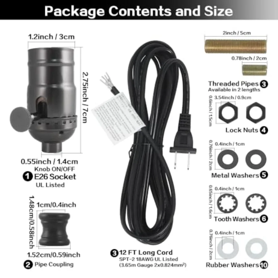 Lamp Rewire Kit Lamp Socket Replacement Kits 12 Feet Matching Cord Plug Set with All Essential Hardware Lamp Making Supplies fo