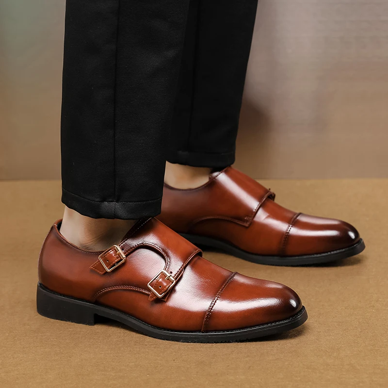 Fashion Brand New Designer British Monk Strap Leather Shoes Flat for Men Low Cut Dress Formal Wedding Prom Oxford Zapatos Hombre