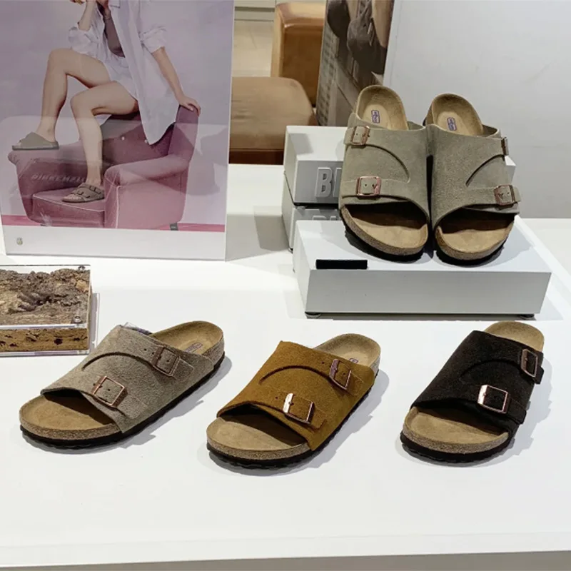 Sandal Nubuck Birkenstocks wanita, Kasut pantai kasual gesper ganda anti-selip musim panas