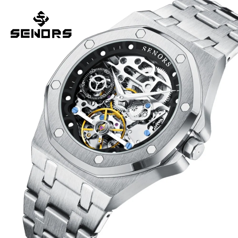 SENORS SN206 Men`s Watch Automatic Sapphire Glass Mechanical Watches Men 316L Skeleton Clock Hollow out Tourbillon Watch 3ATM