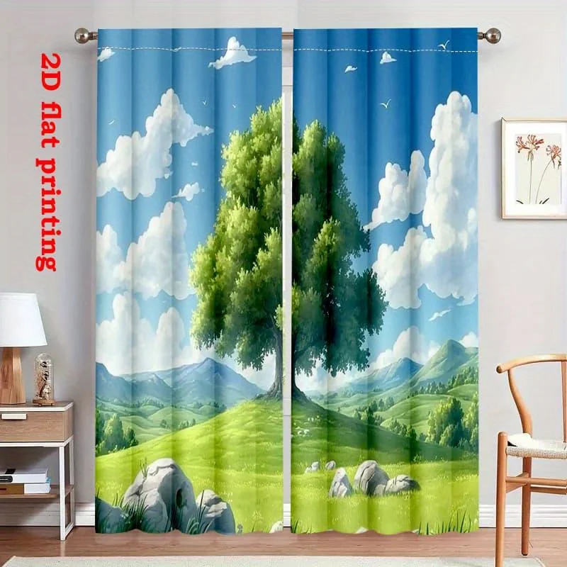 Green Tree Curtain, Anime Style Landscape Print Drape, Sky Clouds Meadow Window Treatment for Living Room Bedroom Home Decor