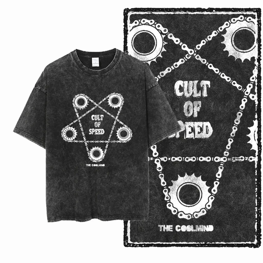 

2025 New Vintage Washed Chain Gear Graphic Cult of Speed Slogan Women and Men T-shirt Oversized Black Edgy Tshirt Streetwear Tee