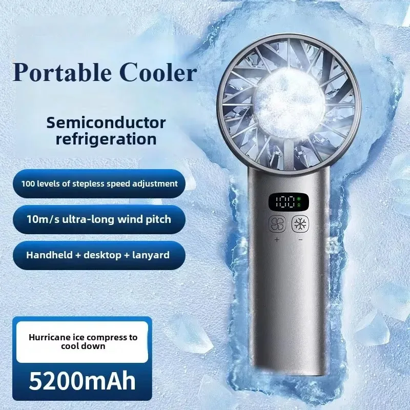 Tragbarer Handventilator mit LED-Anzeige, Halbleiterkühlung, 100 Geschwindigkeitsstufen, USB-Aufladbar, 5200mAh, Outdoor-Ventilator mit Doppel-Eiskühler