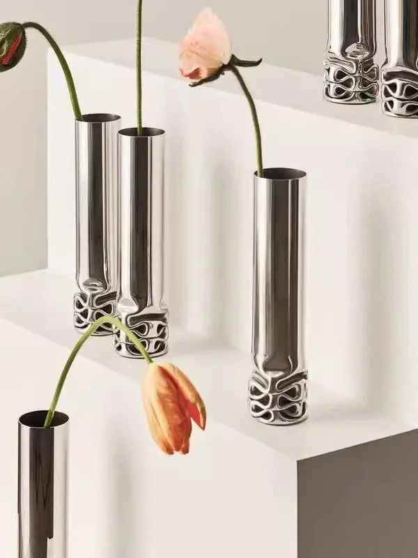 

Artistic Creativity Design Stainless Steel Slender Long Vase Northern Europe Light luxury Living Room Desktop Decoration Vase