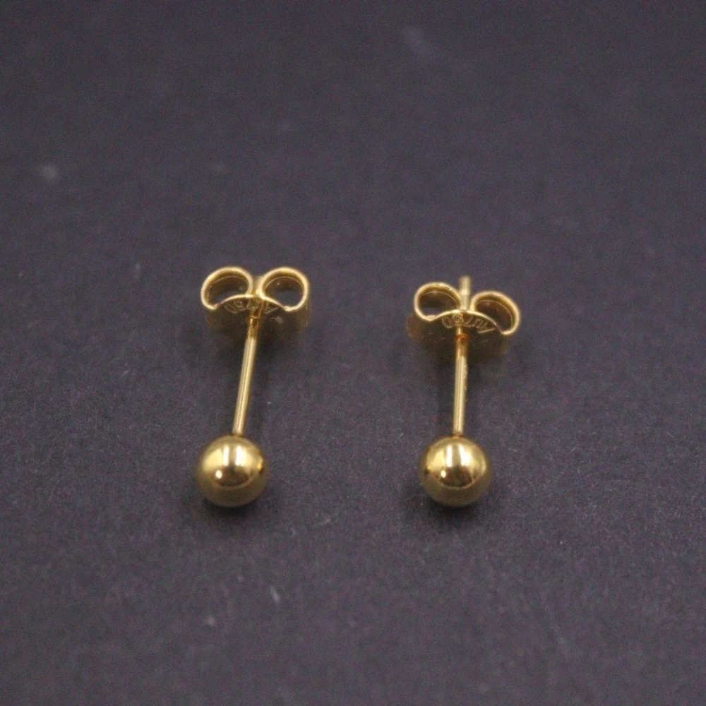 Real Pure 18K Yellow Gold Stud Women Lucky 4mm Smooth Glossy Bead Ball Earrings 1-1.1g