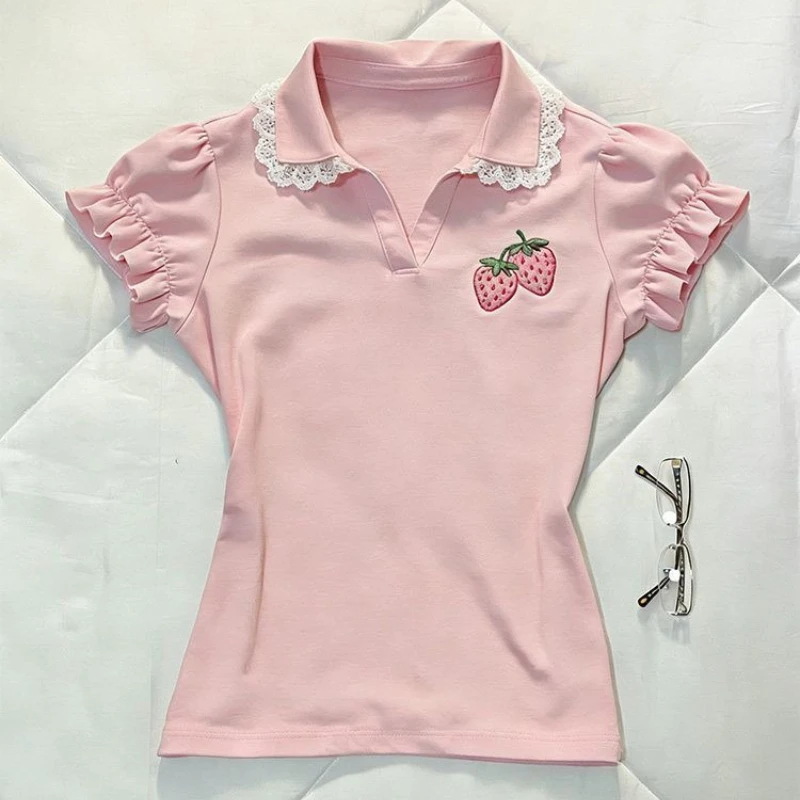 

Deeptown Sweet Pink T-Shirts Women Kawaii Preppy Style White Lace Print Tops Harajuku Cutecore Y2k Short Sleeve T-Shirt Slim Up