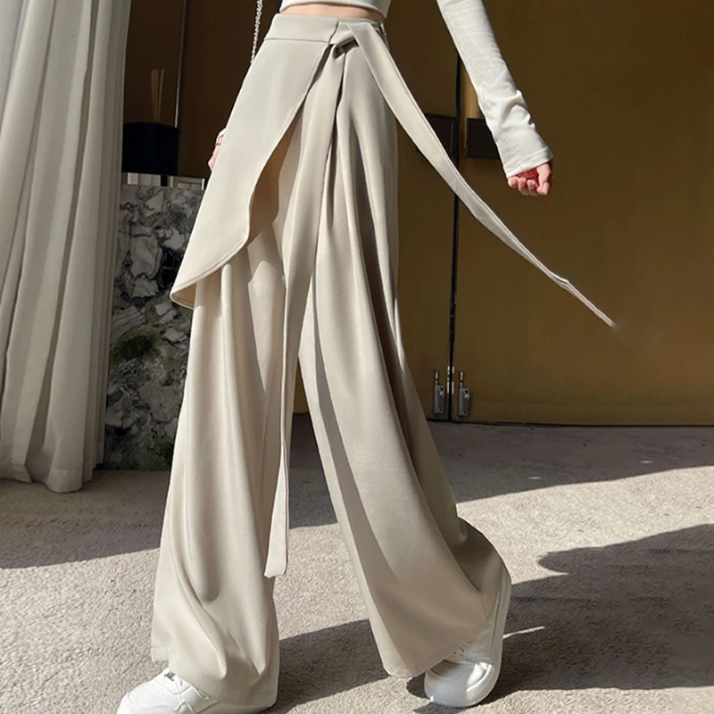 Irregular Strap Suit Pants Fake Two Pieces Wide-leg Pants For Women Commuting High-waisted Straight-leg High-end Long Pants