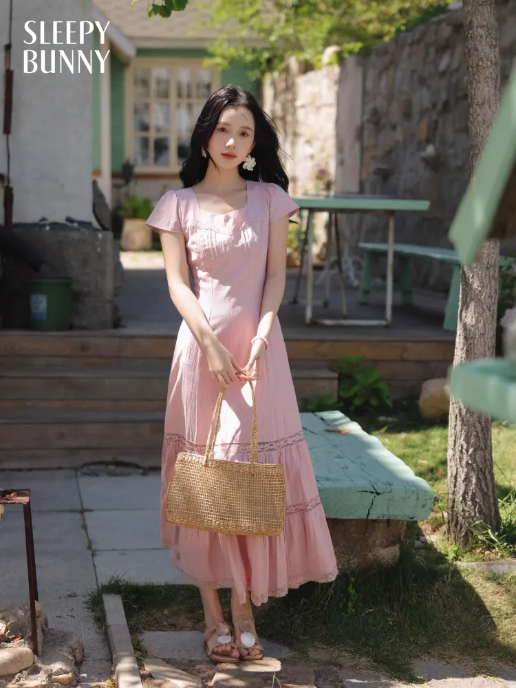 

French Vintage Lace Patchwork Dress Women Sweet Square Neck Long Ruffle Dress Slim Fit High Waist Elegant Summer Holiday Outfit