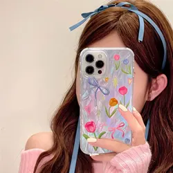 Ins Colorful flowers Phone Case For iPhone16Pro Max15 14 13 12 11 XR XS Max7 8Y2K Senior  Feather gauzeSoft anti fall Phone Case