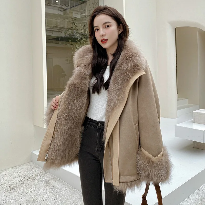 UMI MAO الجلد المدبوغ المرقعة الثعلب الفراء مبطن معطف للنساء منتصف طول نمط جديد جلد الغنم قطعة واحدة معطف المرأة فام