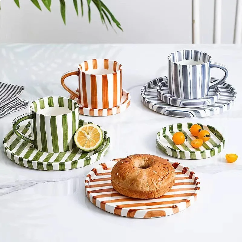 

Vintage Hand Painted Striped Ceramic Coffee Cup Saucer Plate Set Home Water Breakfast Afternoon Tea Cup Dish Portable Porcelain