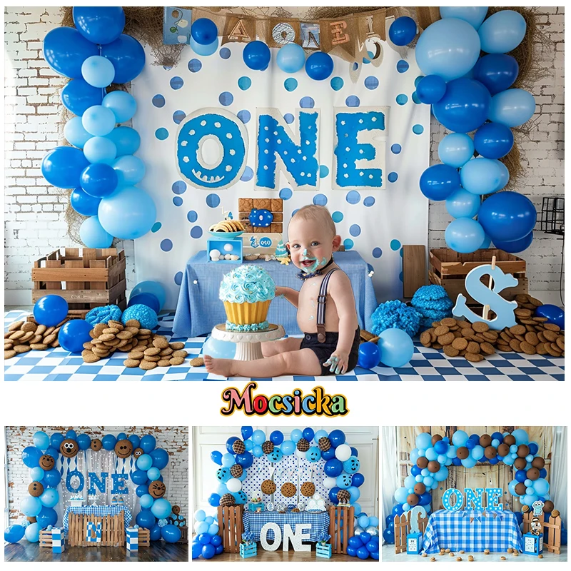 

Mocsicka Photography Background 1st Birthday Party Child Cake Smash Blue Balloon Cookie Decor Backdrop Photo Studio