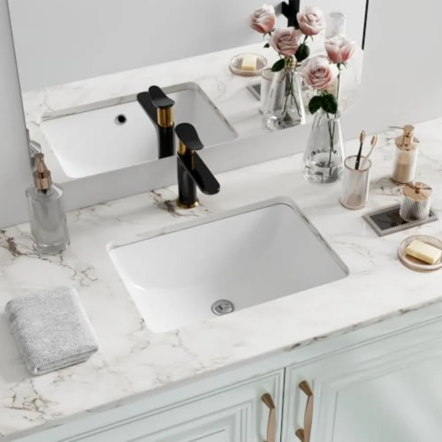 

Undermount Bathroom Sink Rectangle, Interior Bowl Size 16 x 11 inch White Porcelain Ceramic Vessel Sink Under Counter Exterior