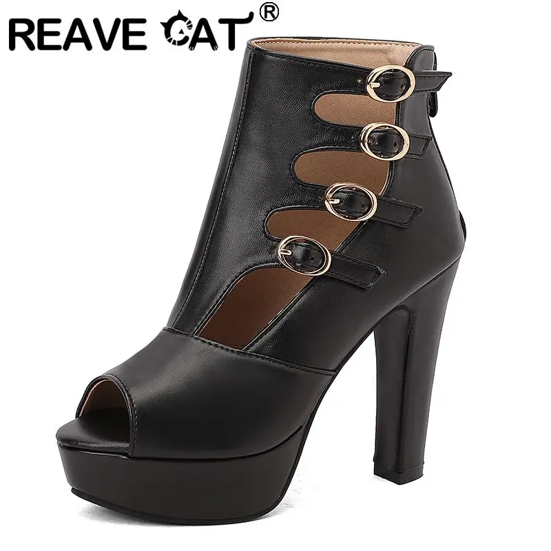 

REAVE CAT Sexy Fashion Female Sandals Peep Toe Block Heels 12cm Platform 3.5cm Zipper Belt Buckle Big Size 48 49 50 Dating Shoes
