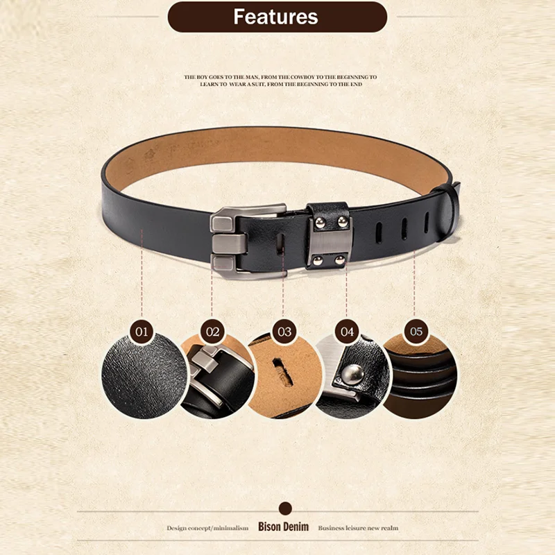 BISON DENIM Men\'s Belts Vintage Pin Buckle Belts Luxury Brand Cowhide Genuine Leather Waistband Strap For Jeans Free Shipping