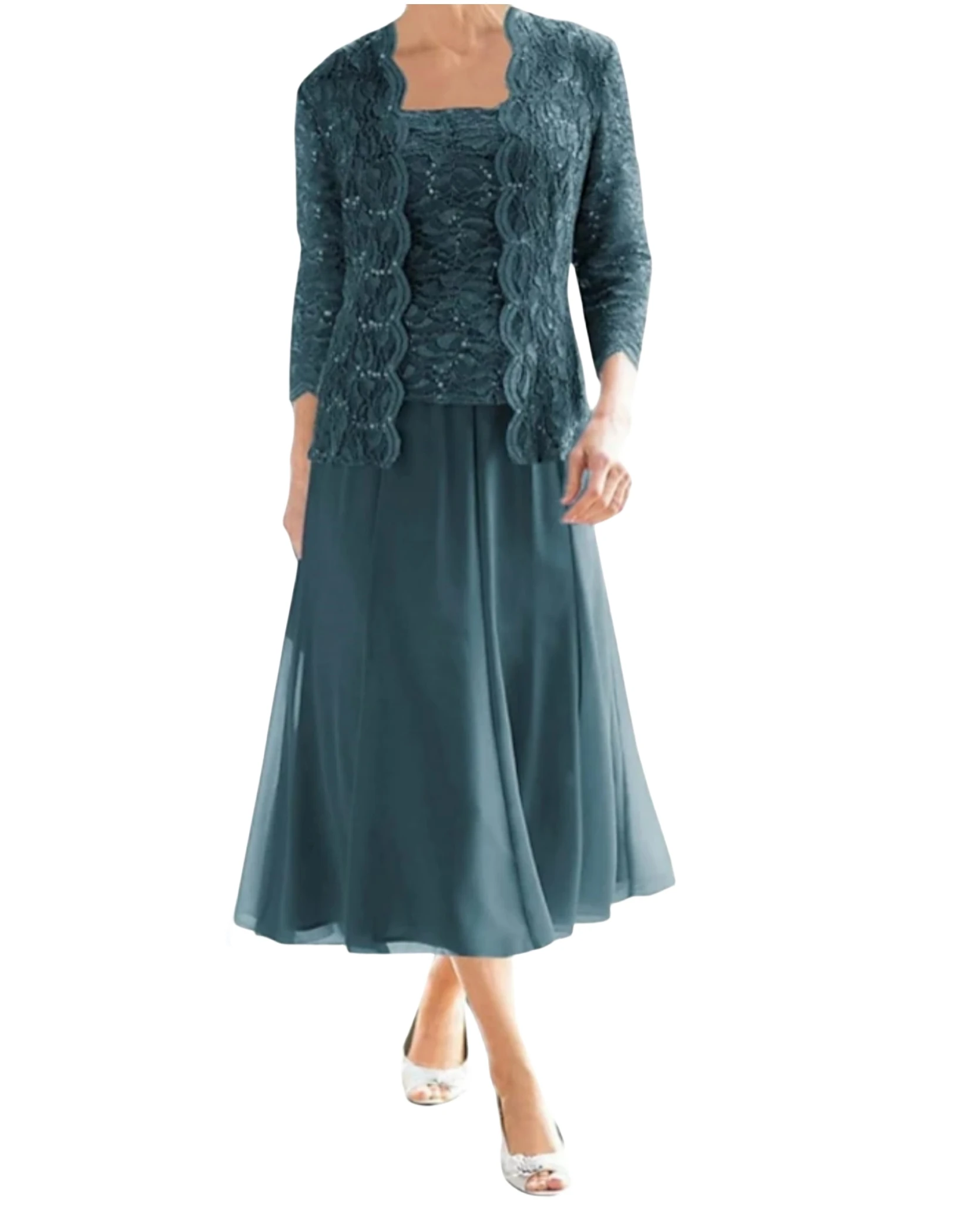 Mother of the Bride Dress Sparkle & Shine Vintage Elegant Square Neck Tea Length Chiffon Lace 3/4 Length Sleeve