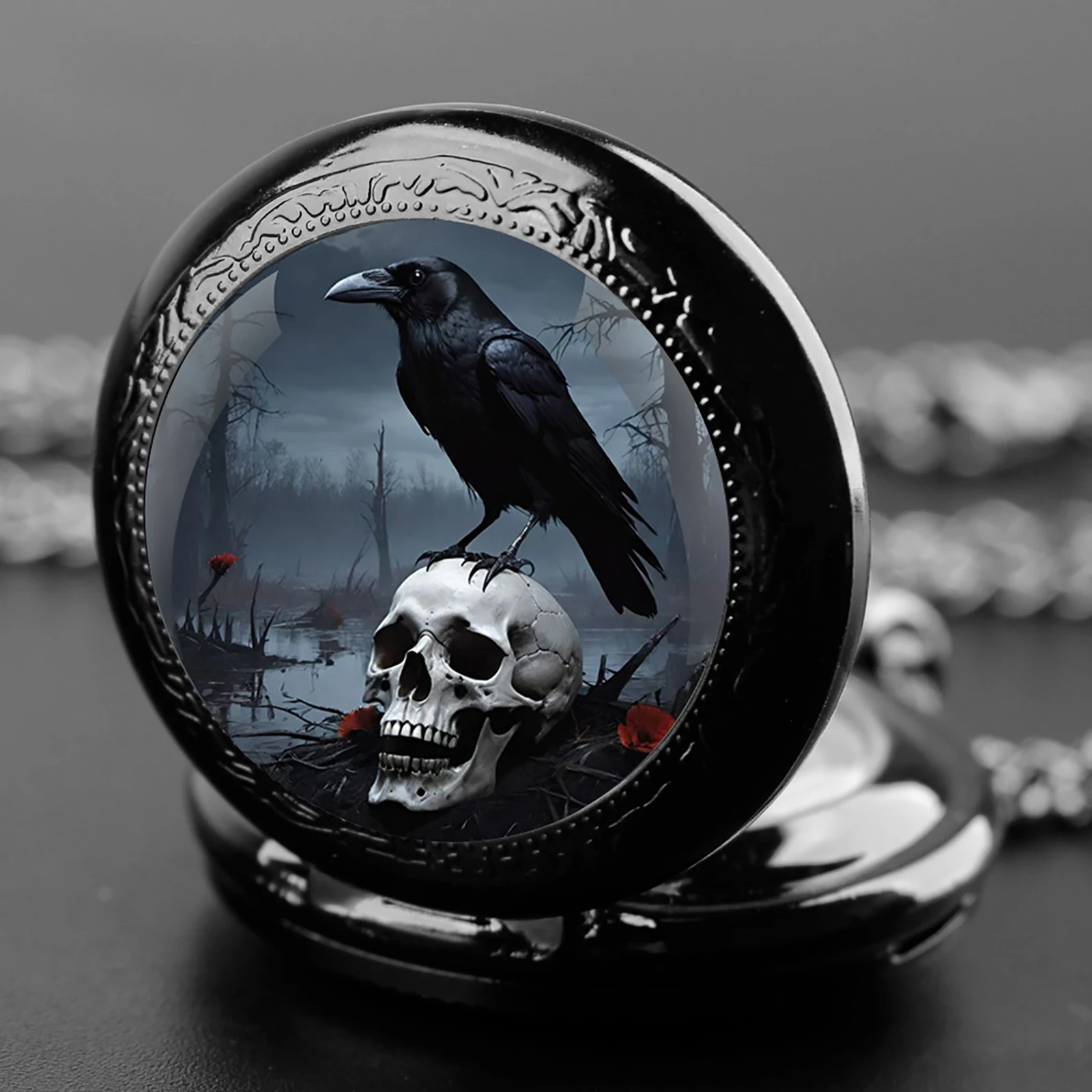 Skeleton Skull Crow Graphic Design Quartz Pocket Watch for Women Men Kids Necklace Unique Jewelry Pendant Clock Gift