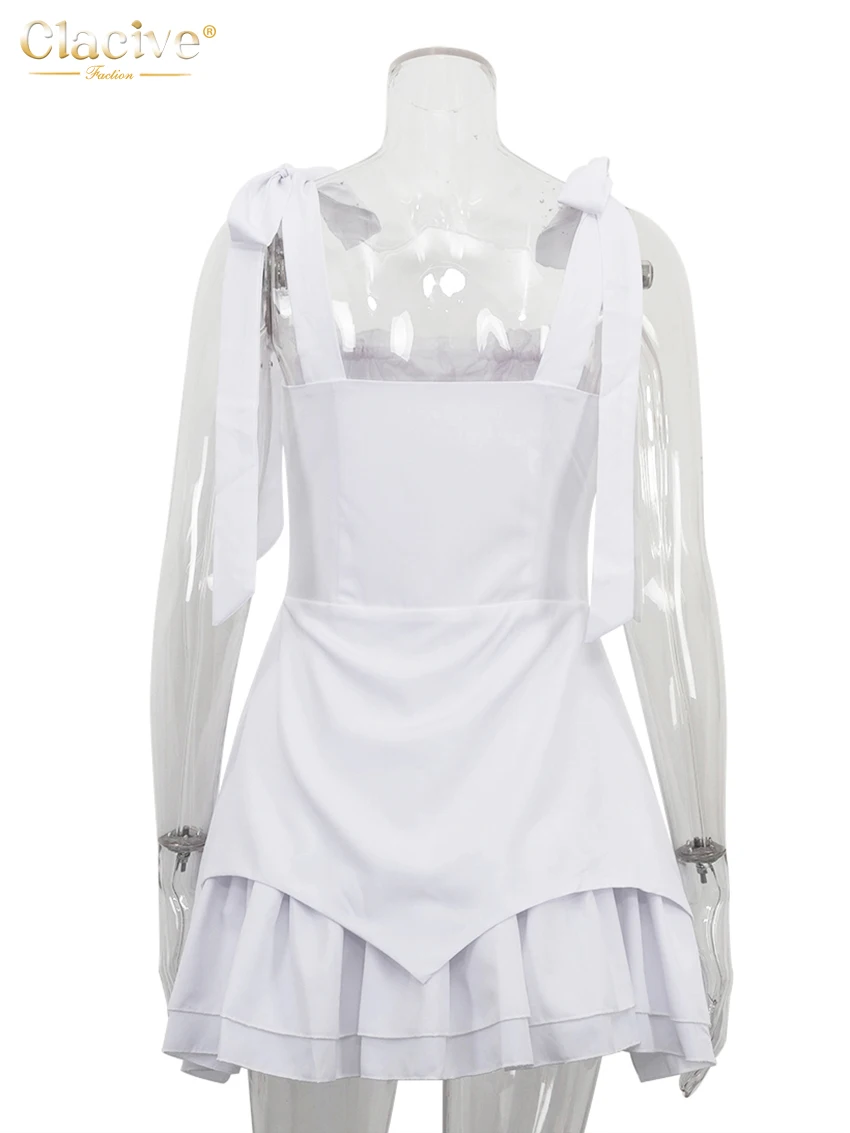 ClacMarkets-Mini robe plissée à lacets pour femmes, robe blanche mince, robes en fibre à bretelles, élégante, classique, mode féminine, été, 2024