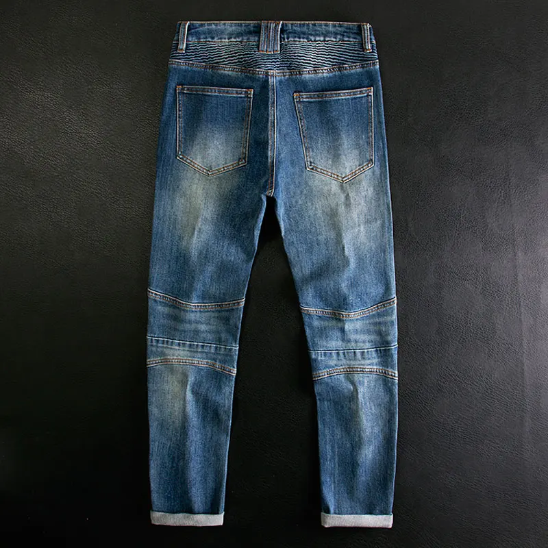 Streetwear Fashion Men Jeans Retro Blue Stretch Slim Fit Spliced Biker Jeans Men Patched Designer Hip Hop Denim Pants Hombre