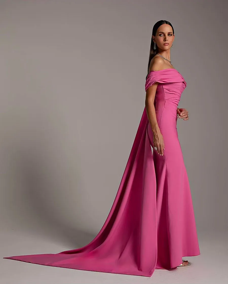 2025 Sample Off Shoulder Mermaid Elegant Satin Pleat Pink Evening Dress Backless Prom Gown Vestidos De Gala Custom