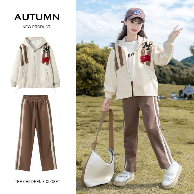 

Korean Spring Autumn School Girls Sport Sets Teenager Girls Striped Zipper Sweat Jacket+Straight Sweatpants 4-14Y Girls Sets