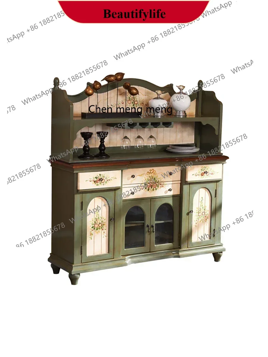 D178  European and American painted kitchen overall cabinet, old antique furniture pastoral tea cabinet Mediterranean wine cabin