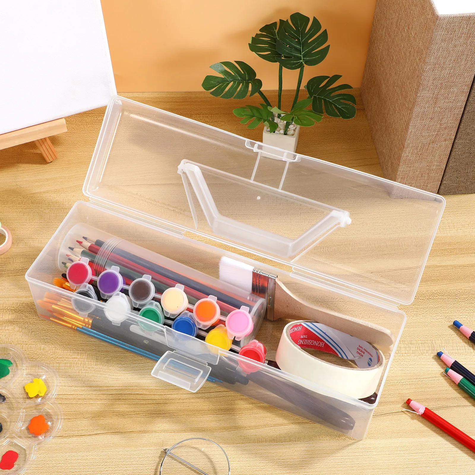 

2Pcs Transparent Heavy Duty Storage Box for Artists Paint Brushes Organizer with Comfort Grip Handle Craft Supplies Desk Travel