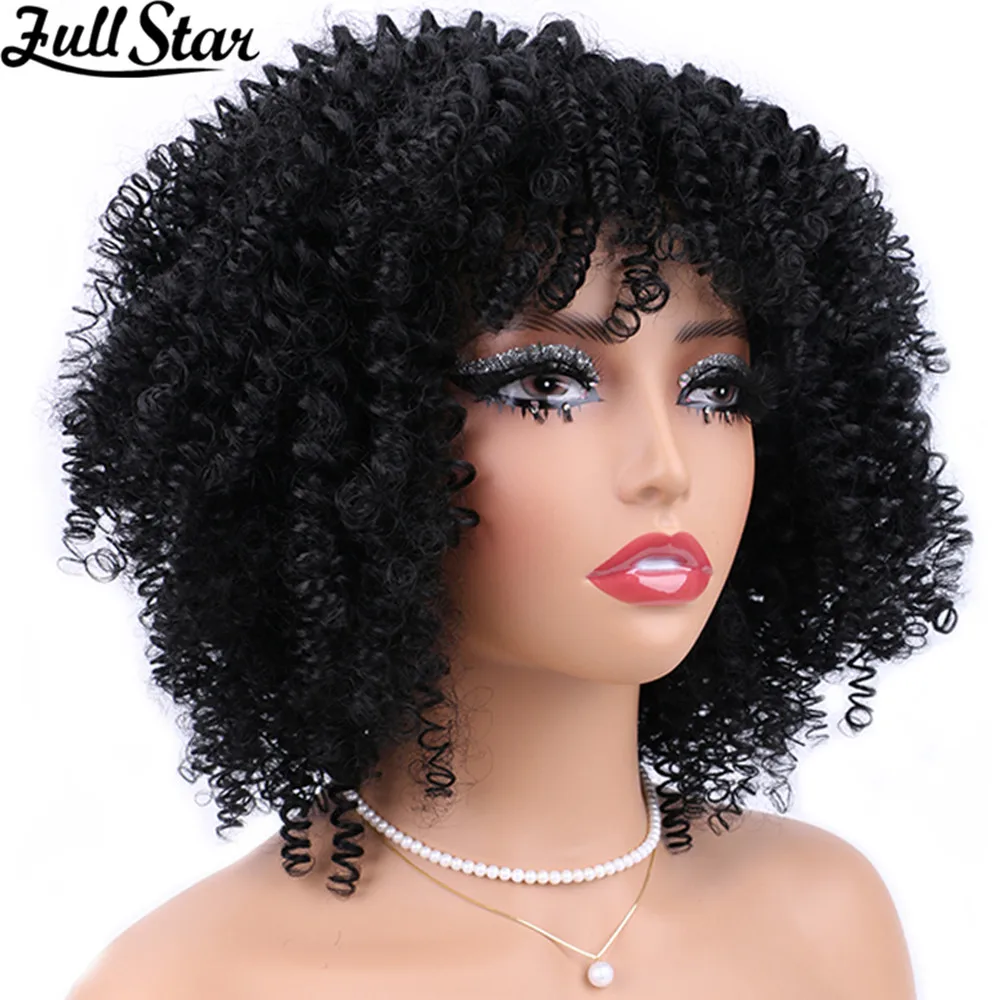 Full Star Short Afro Kinky Curly Wig With Bangs For Black Women Synthetic Natural Blonde Cosplay Wigs Glueless High Temperature