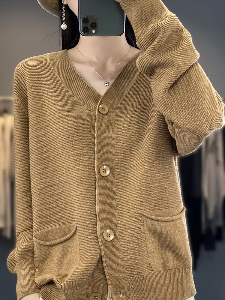 100% Cotton V-neck Cardigan Women\'s Clothing 2024 Spring/Autumn New Knit Sweater Korean Fashion Coat Soft Comfortable Top Female