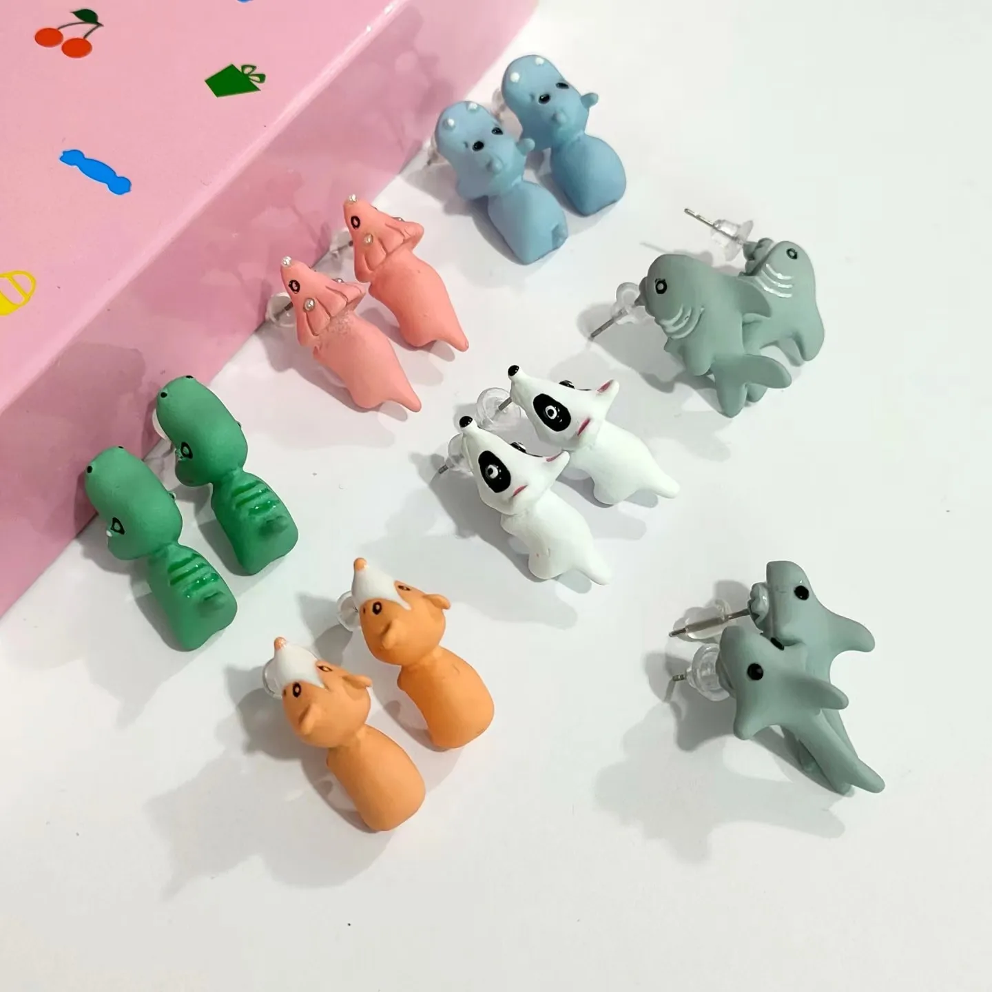 2pcs/1pair Animal Cartoon Stud Earring For Women Cute Dinosaur Little Dog Whale Clay Bite Ear Jewelry Funny Gifts Fashion