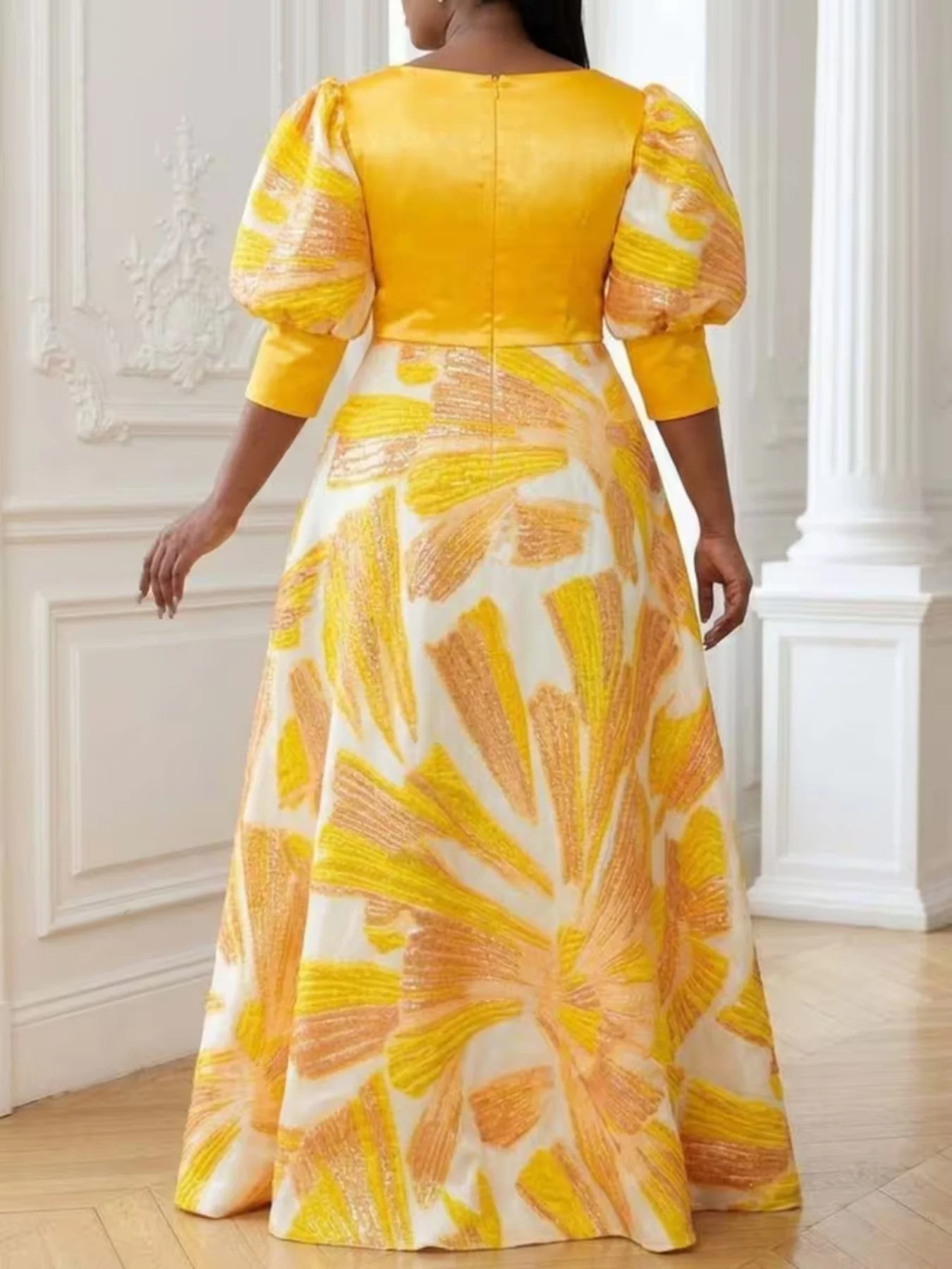 Plus Size Women Printed Satin Maxi Dress Fold Over Neck Puff Three Quarter Sleeve A Line Formal Wedding Guest Evening Dress