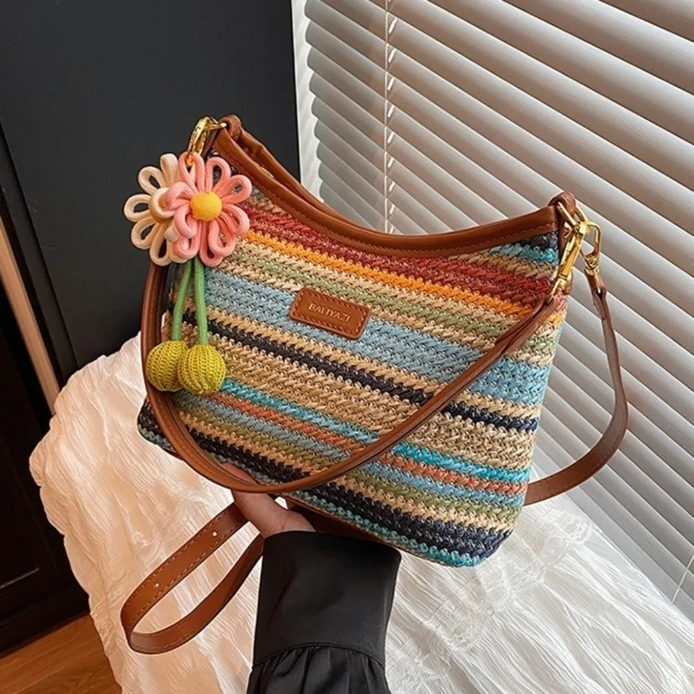 

New Rainbow Striped Straw Tote Bag Polyester Large Capacity Woven Shoulder Bag Zip Closure Adjustable Strap Knit Hobo Bag Travel
