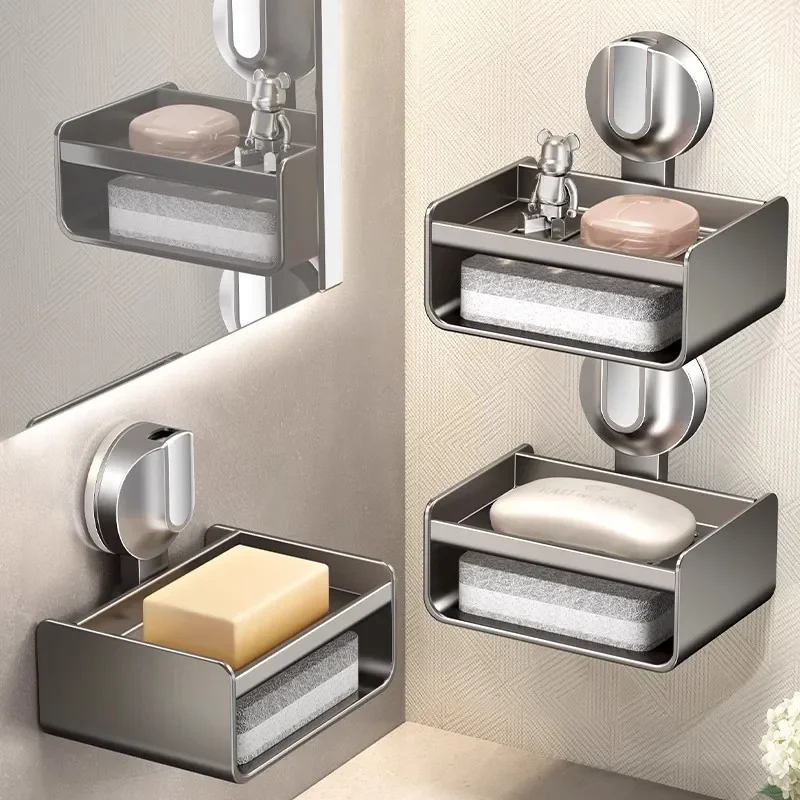 Bohrfreies Wandmontiertes Aufbewahrungsregal mit Saugnapf Doppelschichtiges Abflussdesign Seifen- und Schwammhalter Badezimmer-Organizer