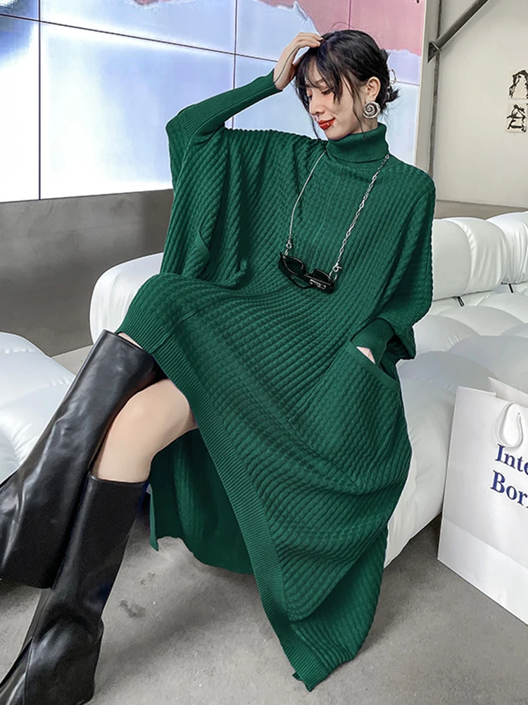 [EAM] Blue Irregular Big Size Long Knitting Sweater Turtleneck Long Sleeve Women Pullovers New Fashion Spring Autumn 2024 1DH715