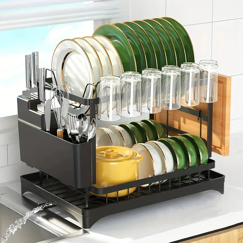 

2-Tier Dish Drying Rack with Drainboard, Space-Saving Kitchen Dish Drainer with Utensil Holder and Cutlery Caddy, Countertop