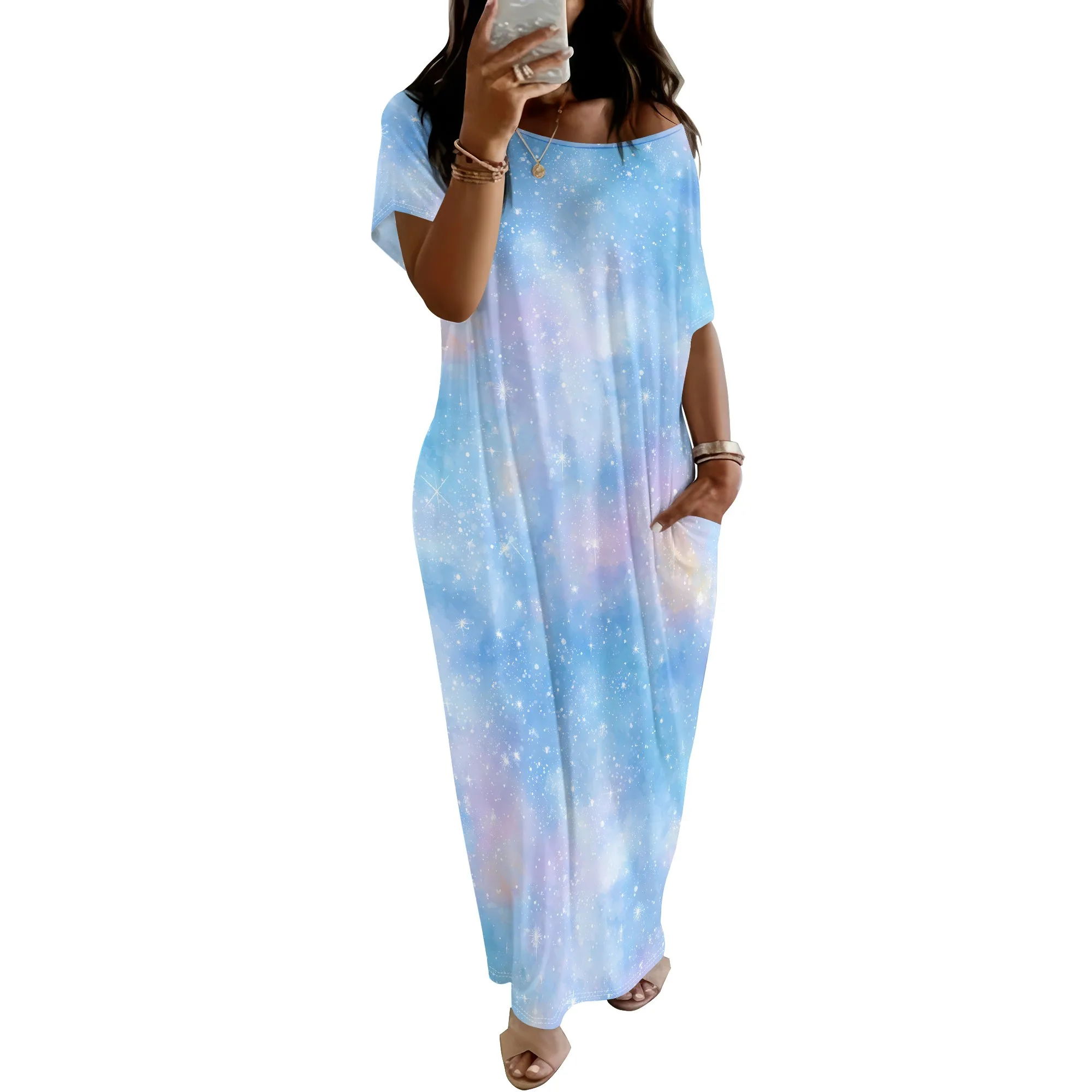Galaxy Print Short Sleeve Dress Starry Sky Maxi Dress Loose Fit Long Dress Summer Beach Vacation Wear Pockets Included