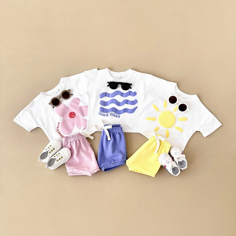 

Summer casual floral sun print short-sleeve set for boys and girls+Solid color shorts two-piece set for infants and toddlers