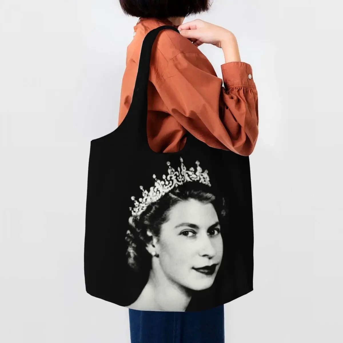 Retro Queen Elizabeth II Grocery Shopping Bag Canvas Shopper Tote Shoulder Bags Capacity Portable Royal United Kingdom Handbag