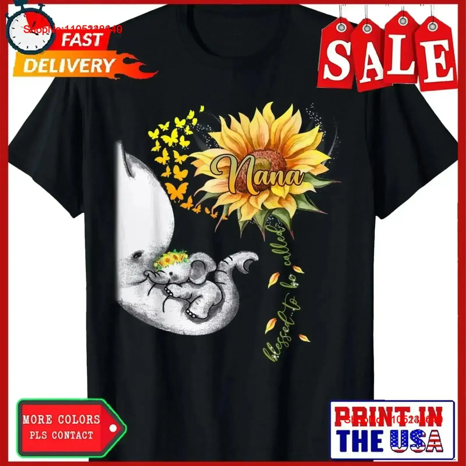 

Blessed To Be Called Nana Sunflower Elephant Mother's Day T Shirt vintage Washed Versatile Casual Top For Everyday Wear
