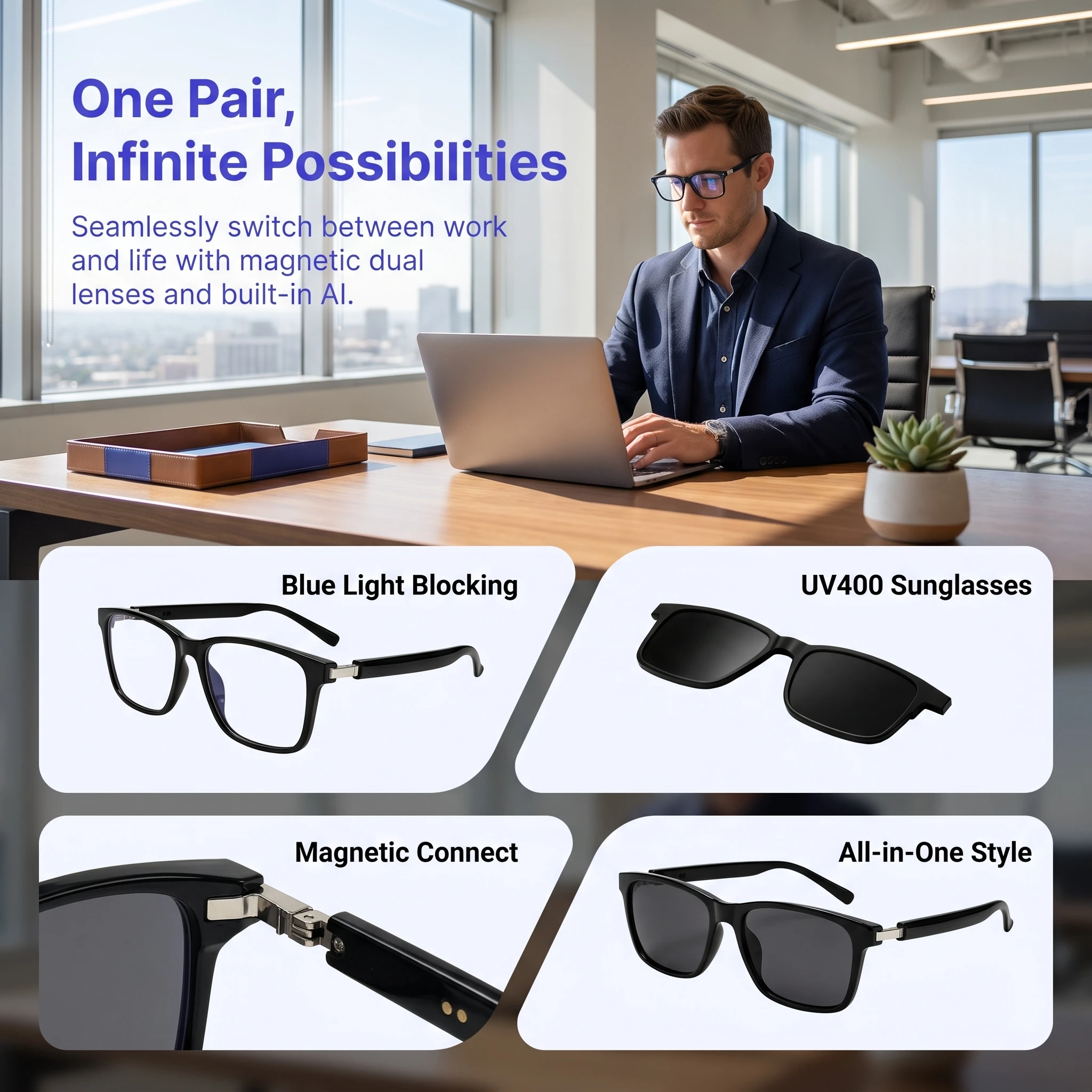 磁石で取り外し可能なサングラスクリップ付きのスマートBlue - Smart Audio Glasses Touch Control のレビューと価格