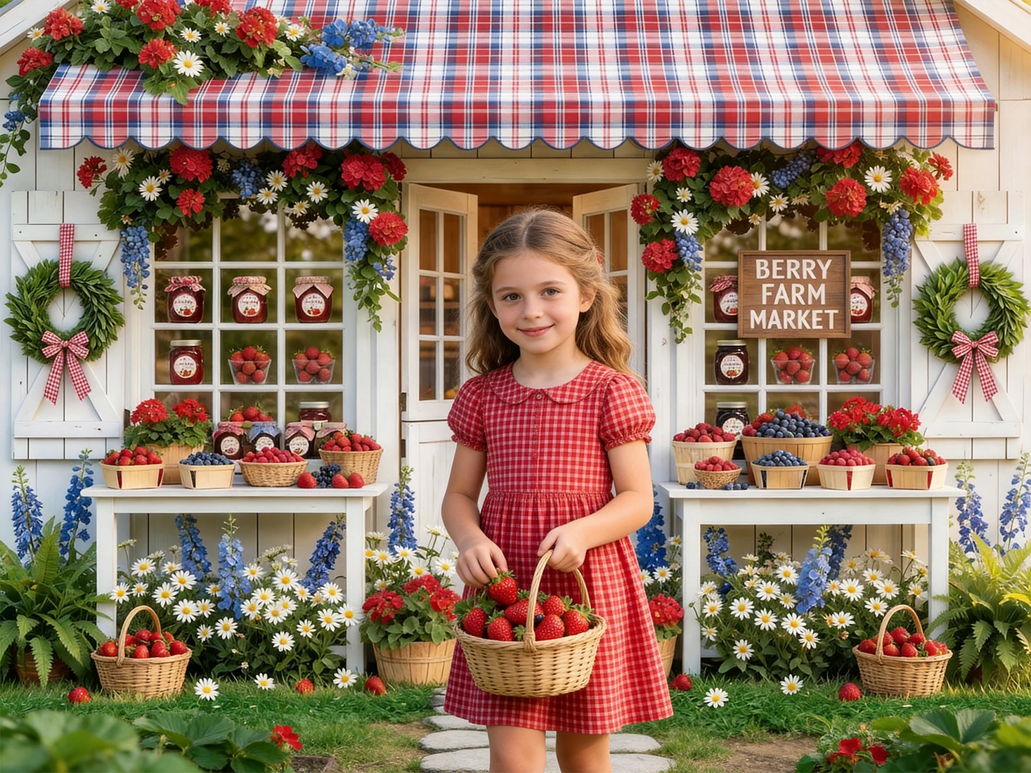 Berry Farm Market Backdrops Cake Smash Child Baby Photo Props Adult Kids Decors Plaid Awning Photography Studio Backgrounds