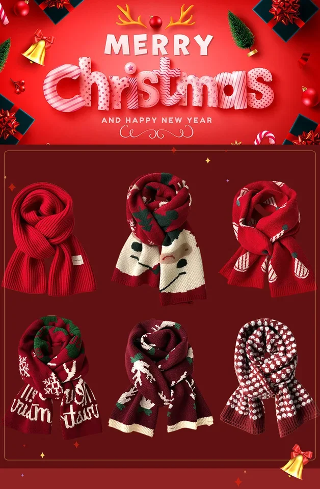 

180*60CM Ankara Red Christmas Scarf Women Winter Thick Warm Soft Fashionable Festive Scarves 2025 New