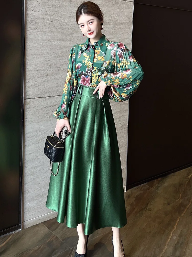 ZJYT Blus Sifon Print Lengan Lentera Fashion Desainer dan Set Rok Pinggang Tinggi Pakaian Hijau Wanita Setelan Gaun 2 Potong Musim Semi