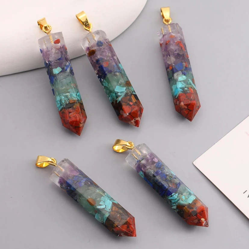 10pcs/Set Resin Wrapped Colorful Crushed Stone Quartz Beads Pendant Chakra Orgonite Energy Pendulum Hexagonal Jewelry Wholesale