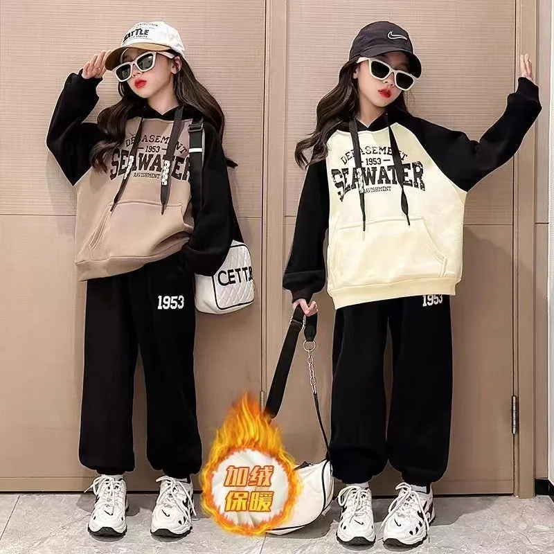 

Girls Autumn Winter Casual Thick Warm 2pcs Hoodie With Velvet+pants Sport Suits 5-14Years Kids Korean Style Outfits Clothes Sets