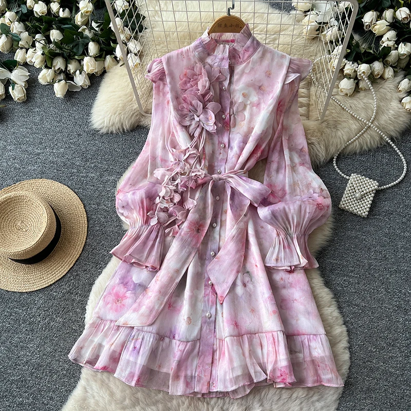 Robe Haut De Gamme En Dentelle BrodéE Pour Femmes, Col En V, Manches Lanternes, Simple Boutonnage, Robe De FêTe D'anniversaire, Nouvelle Collection Printemps Automne S59-image